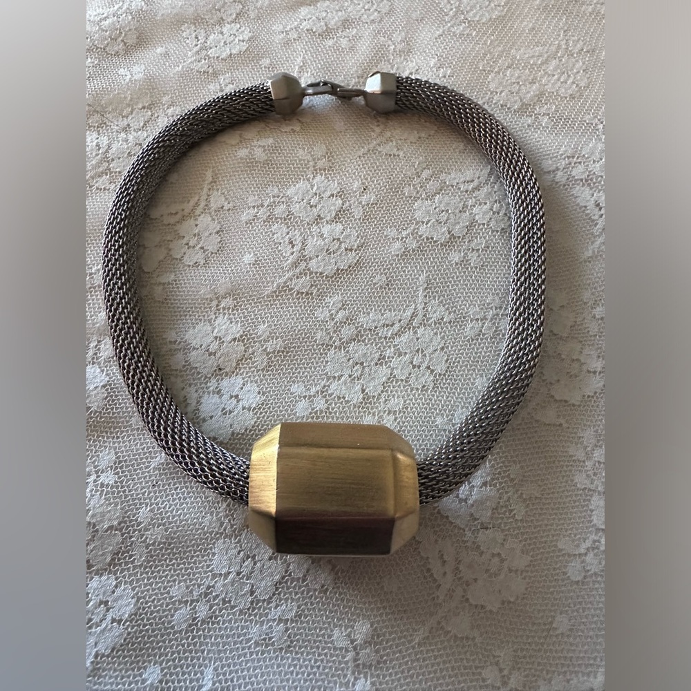 Modernist Necklace SIGNED PC -  Abstract Chucky Pendant Mesh Necklace
